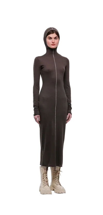 Wool-Blend Hooded Dress — Chocolate Brown — 360° view