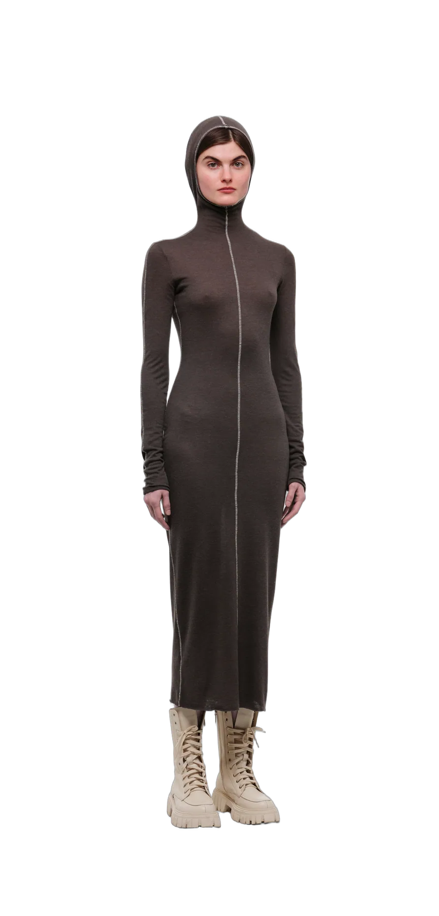 Wool-Blend Hooded Dress — Chocolate Brown — 360° view