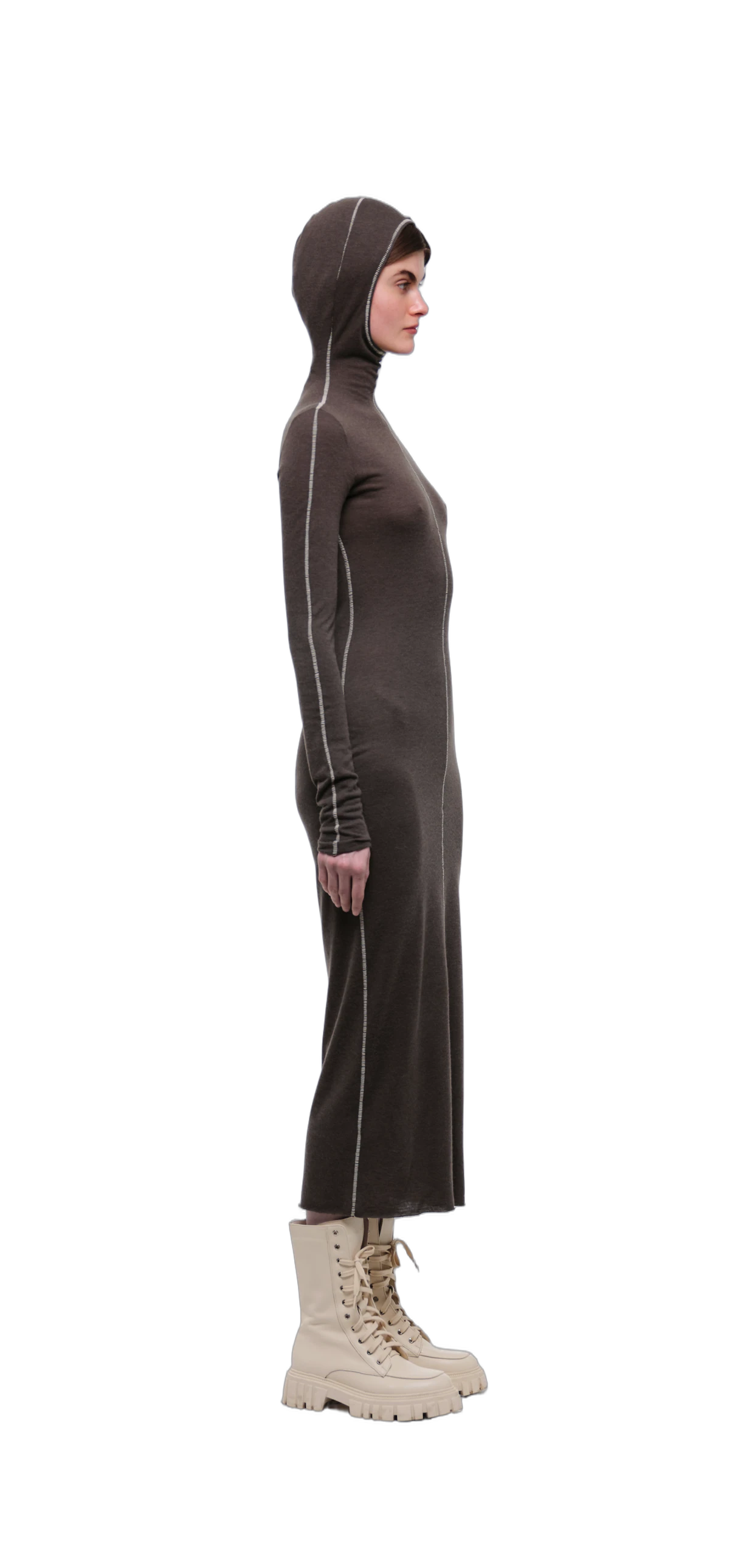 Wool-Blend Hooded Dress — Chocolate Brown view 3