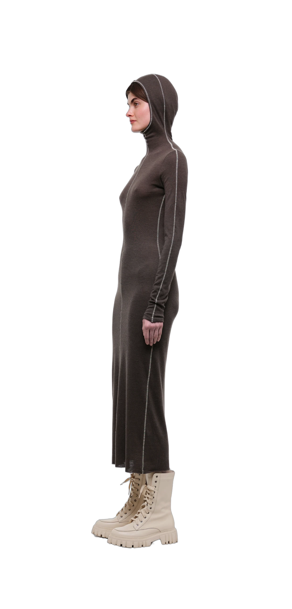 Wool-Blend Hooded Dress — Chocolate Brown view 12