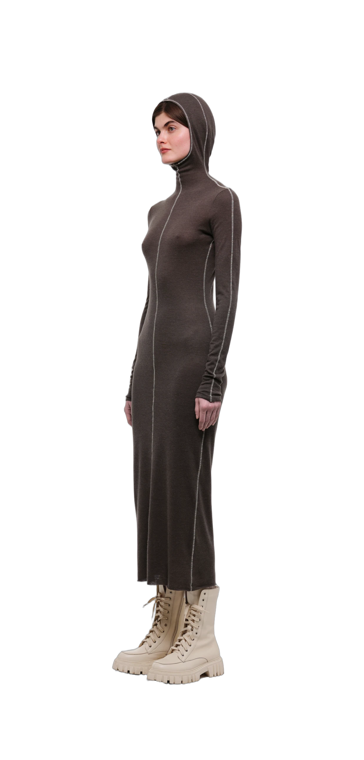 Wool-Blend Hooded Dress — Chocolate Brown view 13