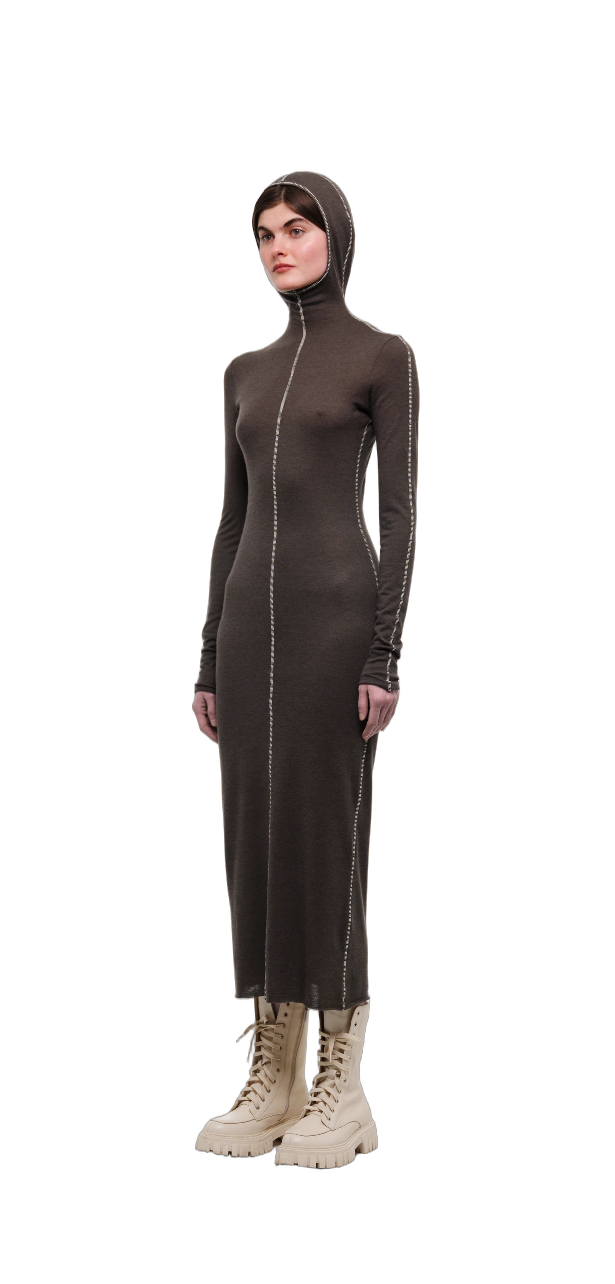 Wool-Blend Hooded Dress — Chocolate Brown view 14