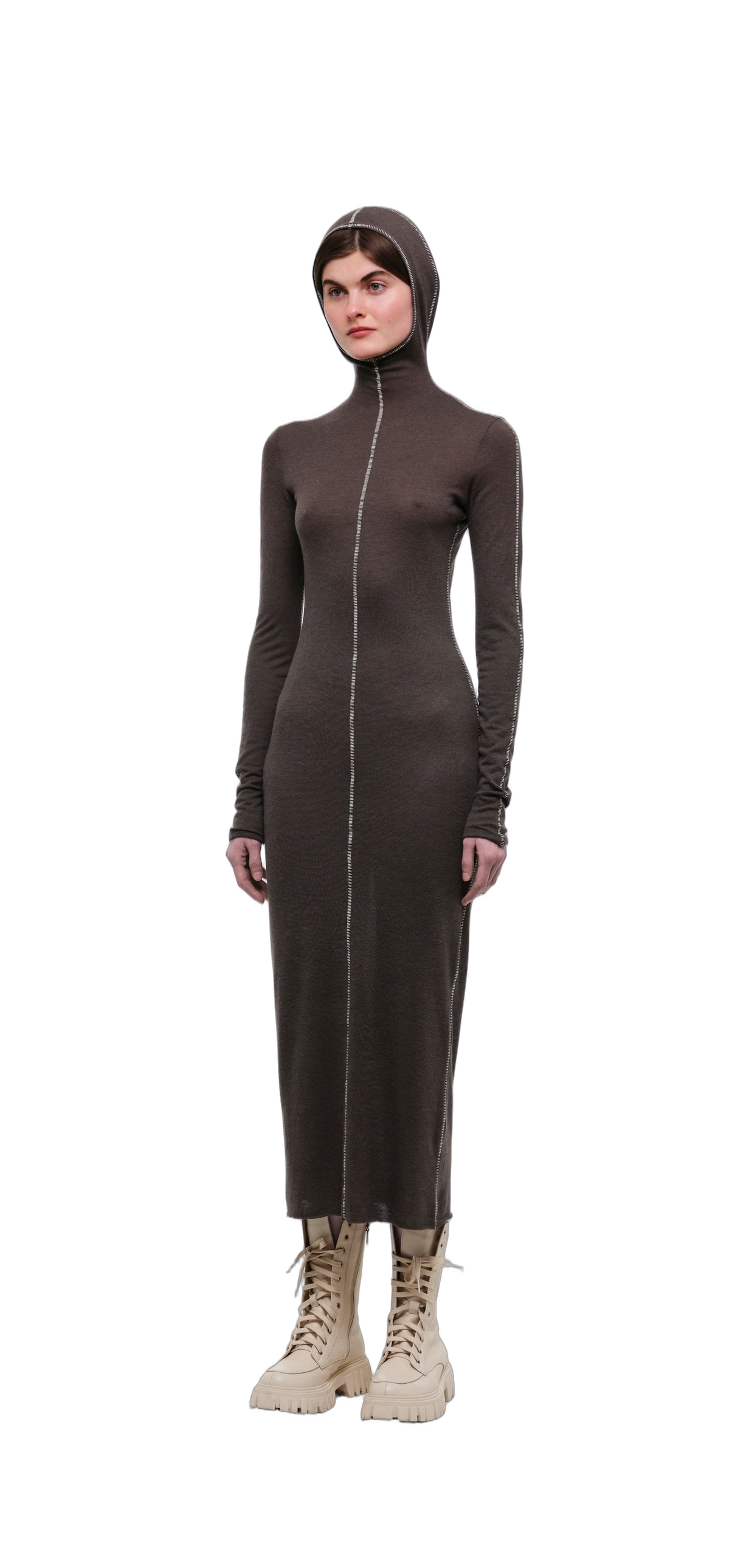 Wool-Blend Hooded Dress — Chocolate Brown view 15