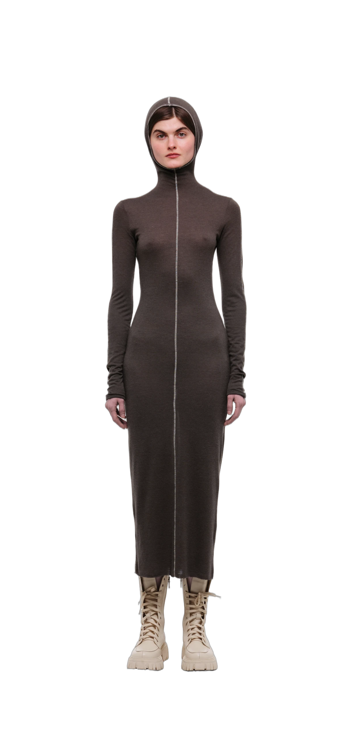Wool-Blend Hooded Dress — Chocolate Brown view 16