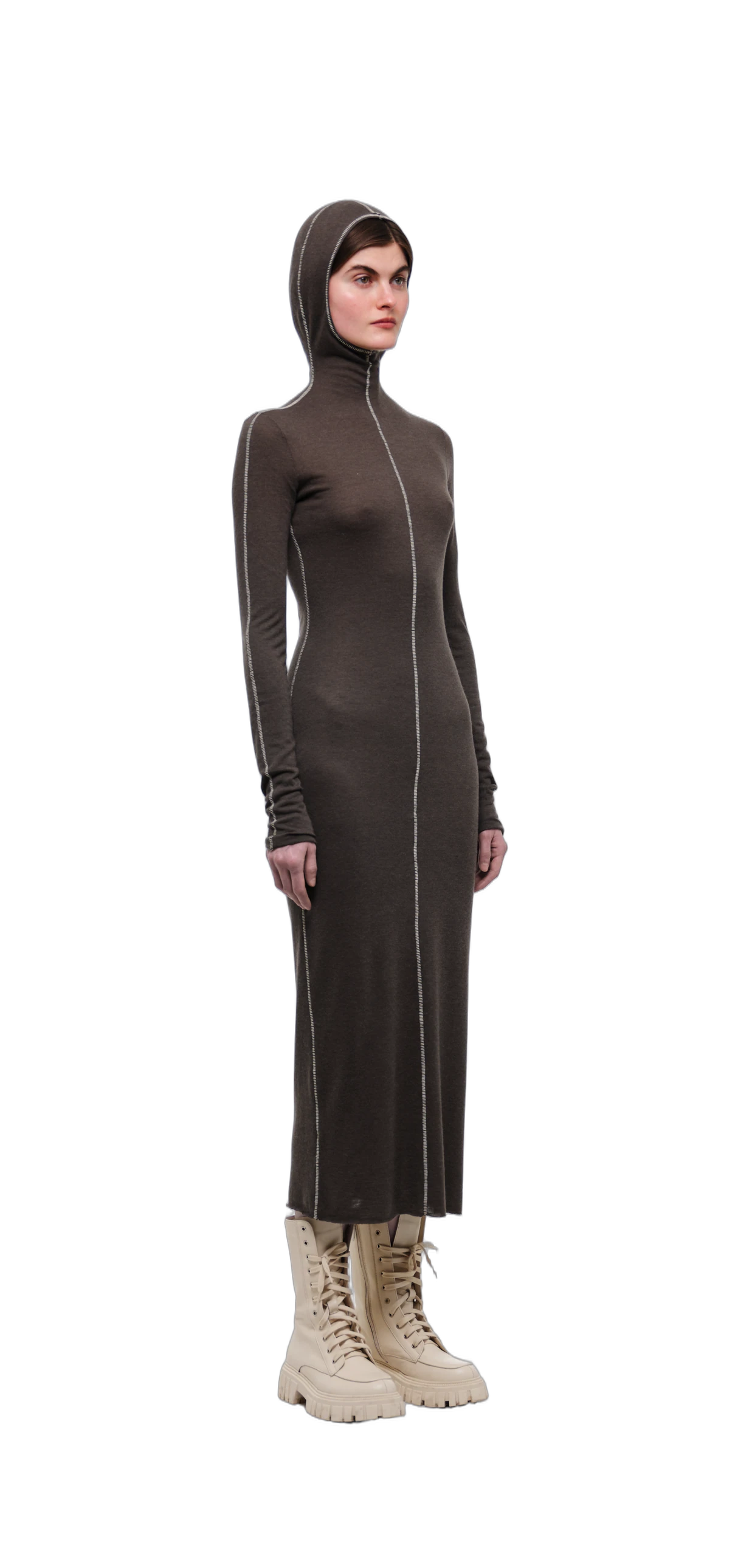Wool-Blend Hooded Dress — Chocolate Brown view 17