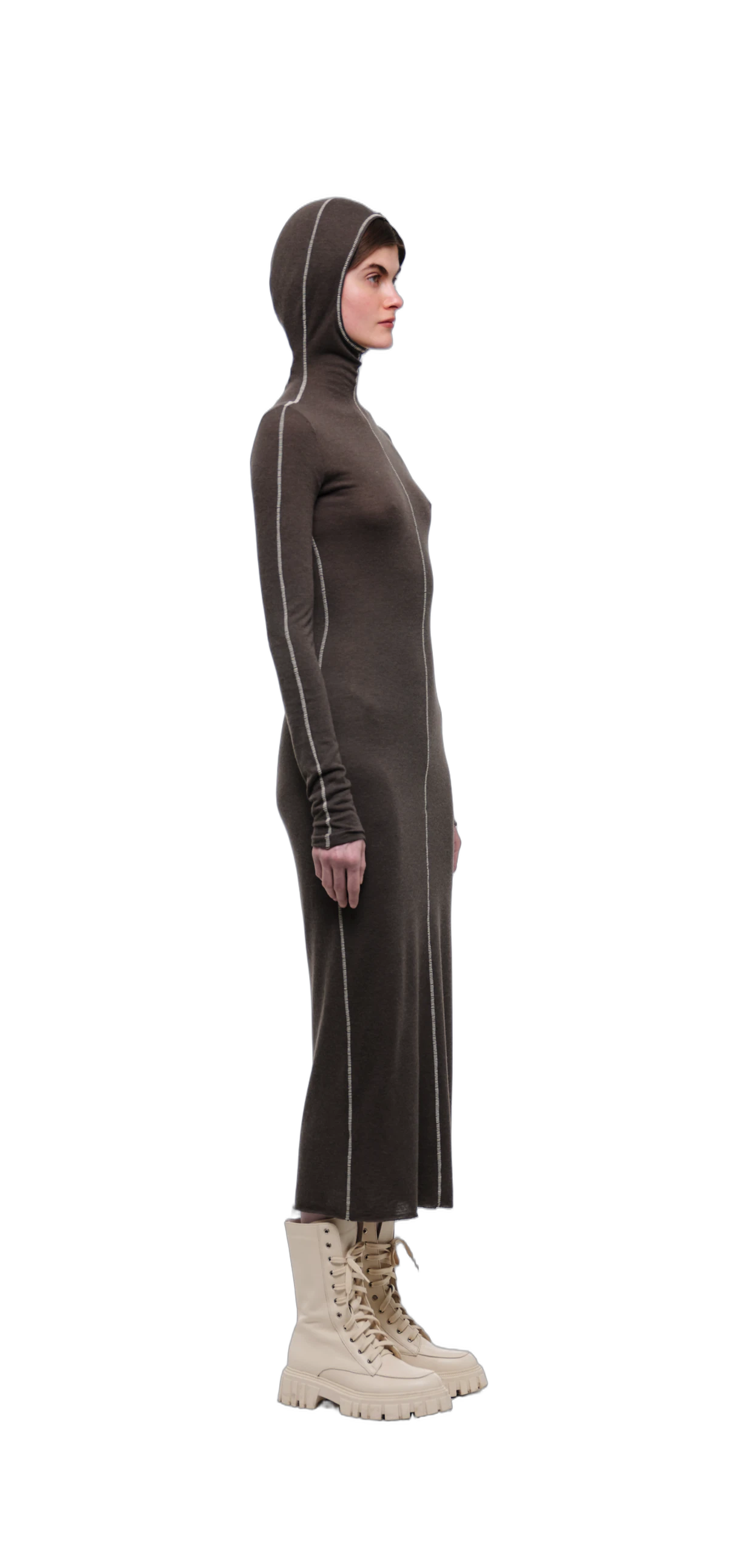 Wool-Blend Hooded Dress — Chocolate Brown view 18