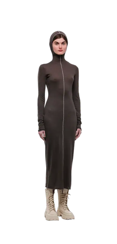 Wool-Blend Hooded Dress — Chocolate Brown